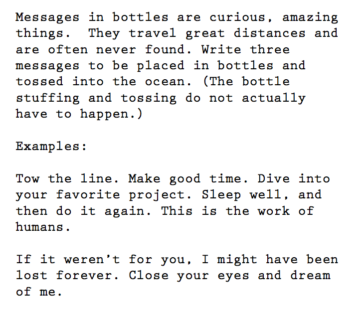 Creative writing message in a bottle